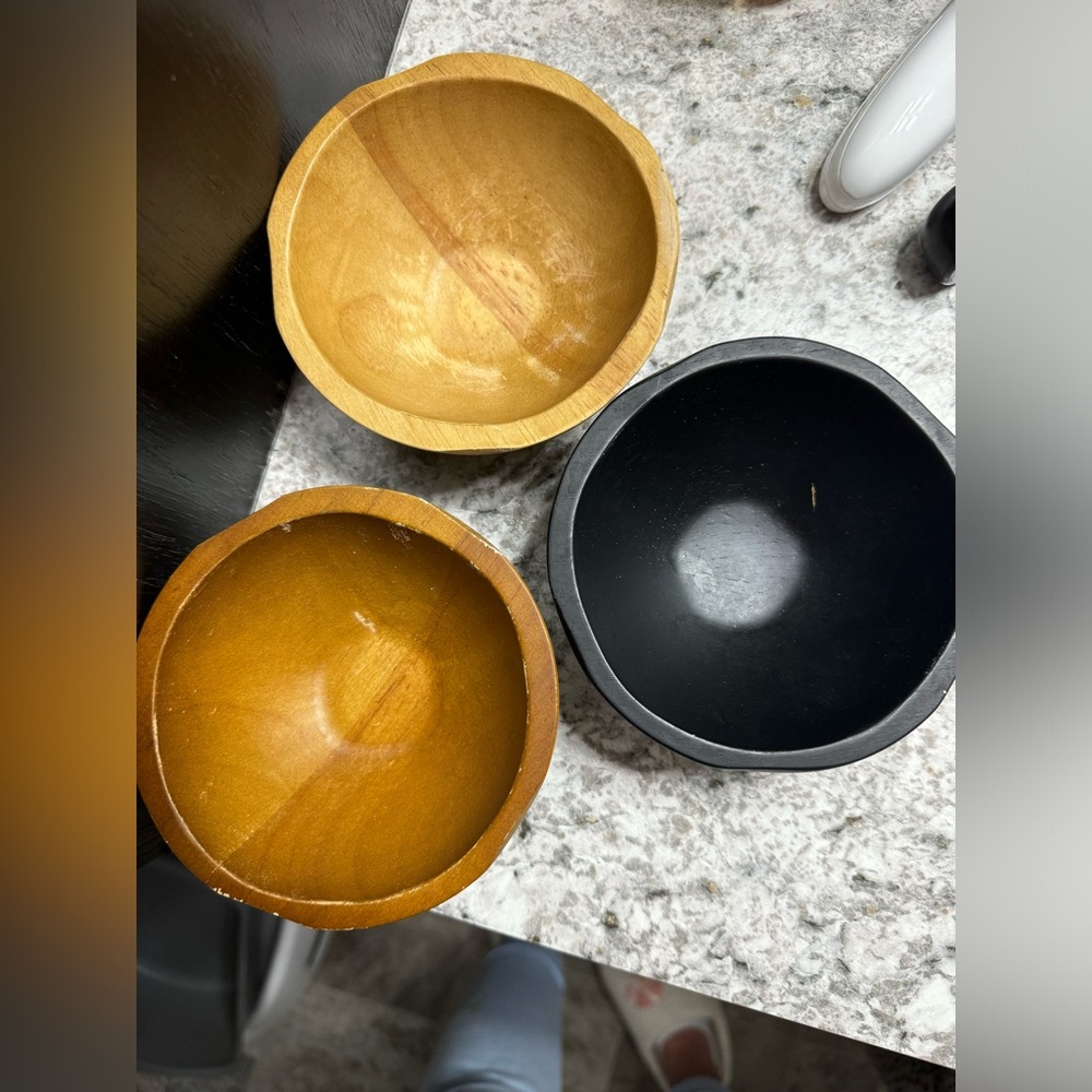 Trio of Wooden and Black Bowls